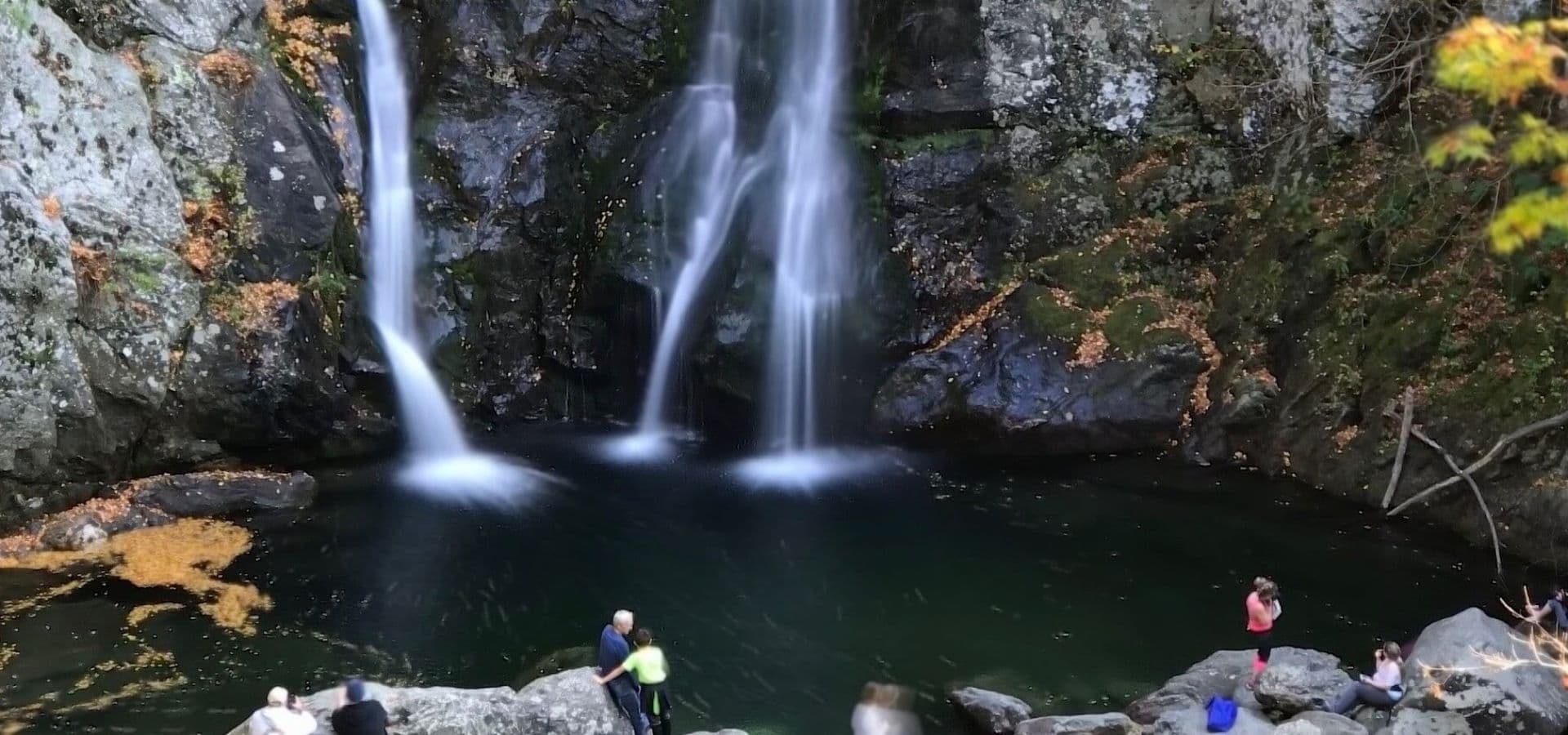 A serene waterfall cascades into a tranquil pool, surrounded by autumn foliage and a few people enjoying the scenery.